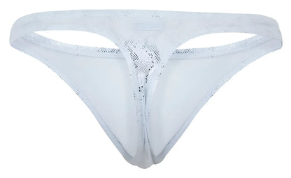 White lace thong with silver glitter detailing and subtle mesh pattern from clever 2063 diamond thongs color silver
