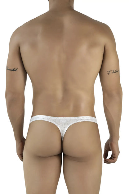 White lace thong clever 2063 diamond thongs in silver with subtle pattern and thin supportive straps front view
