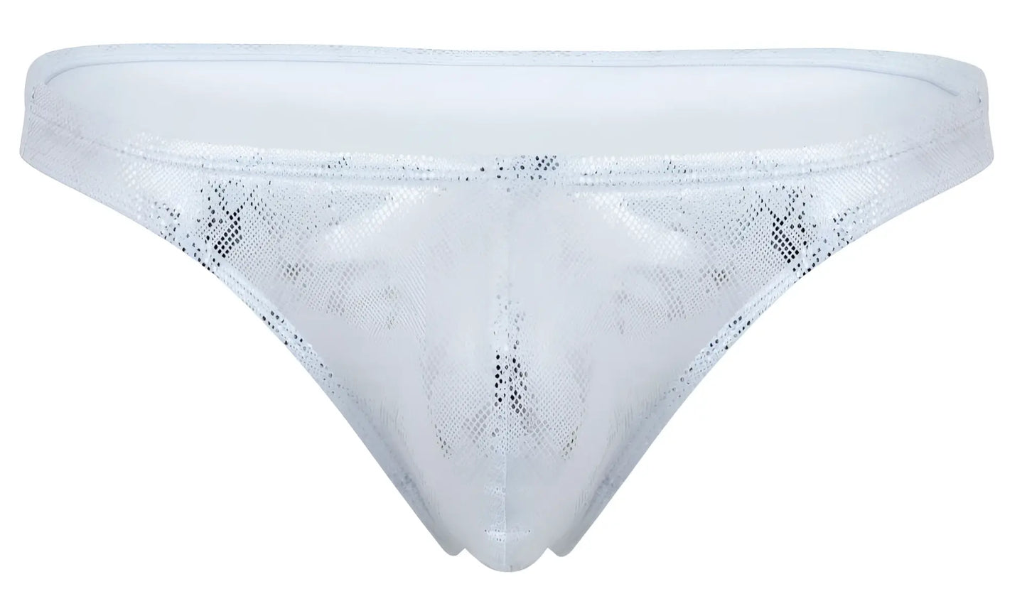 Clever 2063 diamond thong in silver with white sequins sheer mesh texture and subtle glittery detailing front view