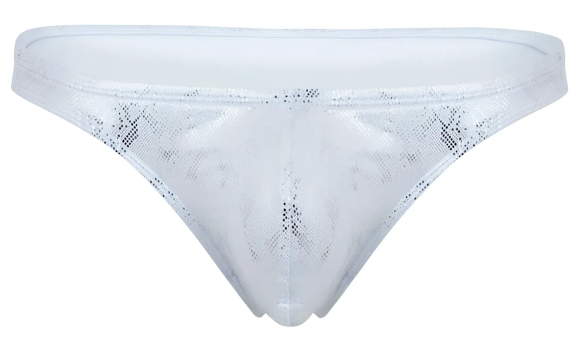 Clever 2063 diamond thong in silver with white sequins sheer mesh texture and subtle glittery detailing front view