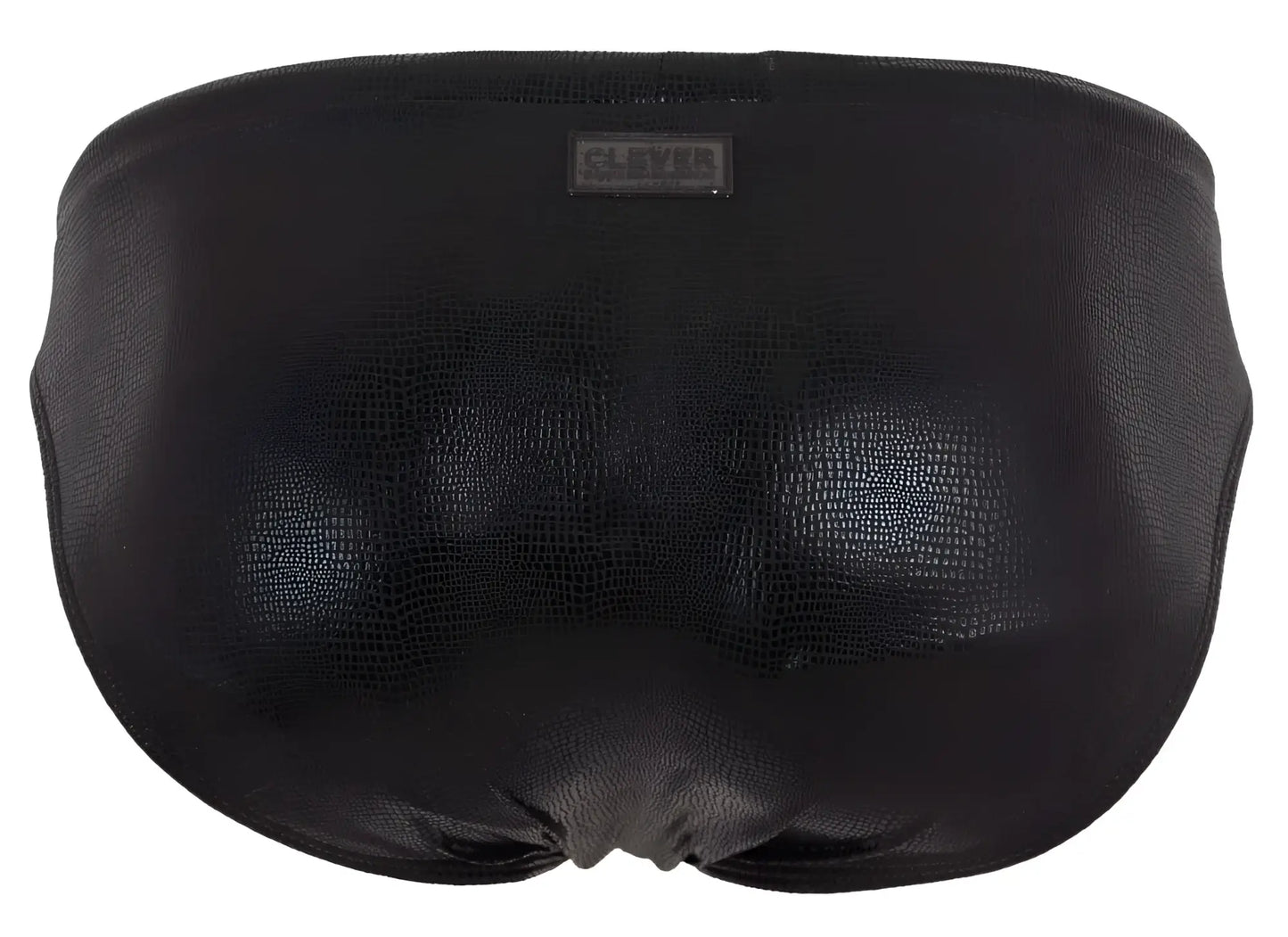 Black faux leather clever 2065 gorgona swim briefs with subtle crocodile texture and brand tag at waistband
