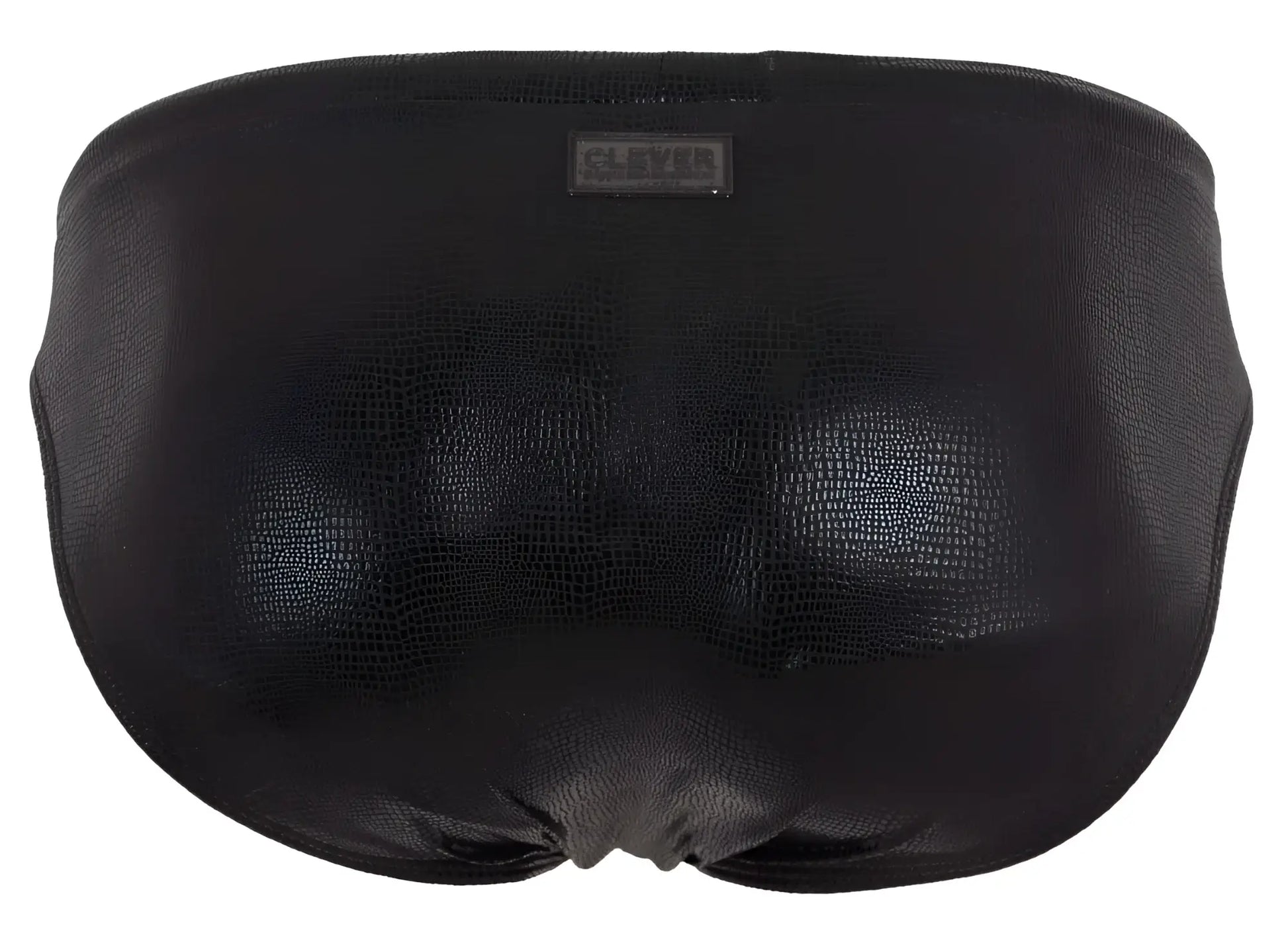 Black faux leather clever 2065 gorgona swim briefs with subtle crocodile texture and brand tag at waistband