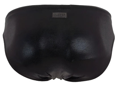 Black faux leather clever 2065 gorgona swim briefs with subtle crocodile texture and brand tag at waistband