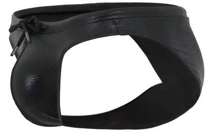 Black clever 2065 gorgona swim briefs made of faux leather with textured glossy finish and adjustable drawstring closure