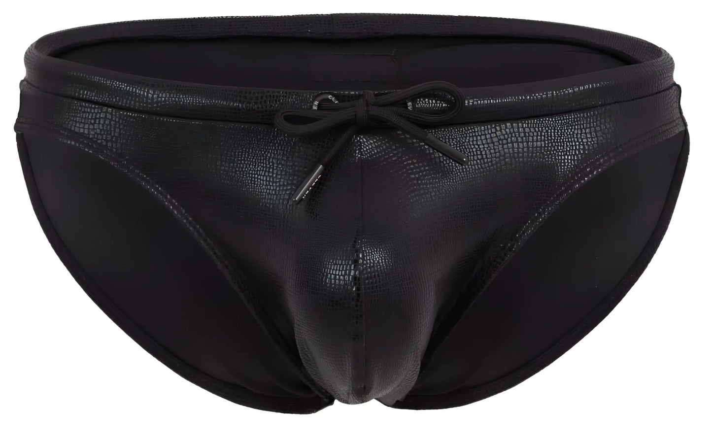 Black clever 2065 gorgona swim briefs with textured reptile skin finish and matching drawstring bow at the waist