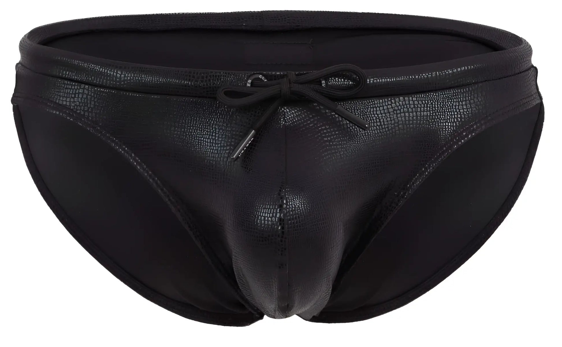 Black clever 2065 gorgona swim briefs with textured reptile skin finish and matching drawstring bow at the waist