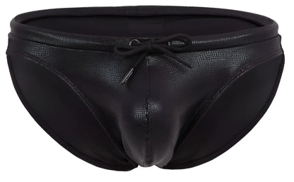 Black clever 2065 gorgona swim briefs with textured reptile skin finish and matching drawstring bow at the waist