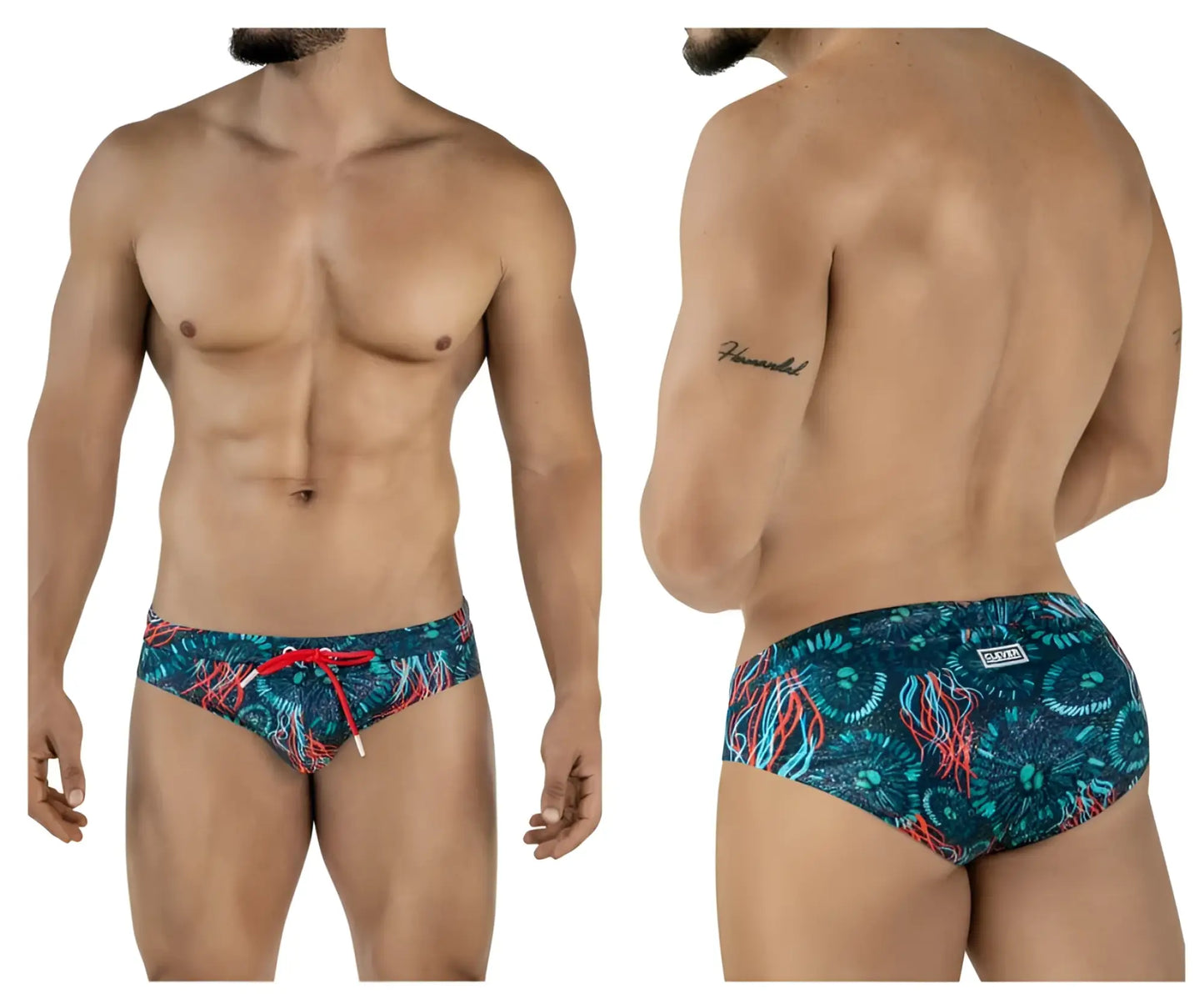 Men’s clever 2066 malpelo swim briefs in dark blue stretch fabric with vibrant blue and red jellyfish pattern and drawstring waistband