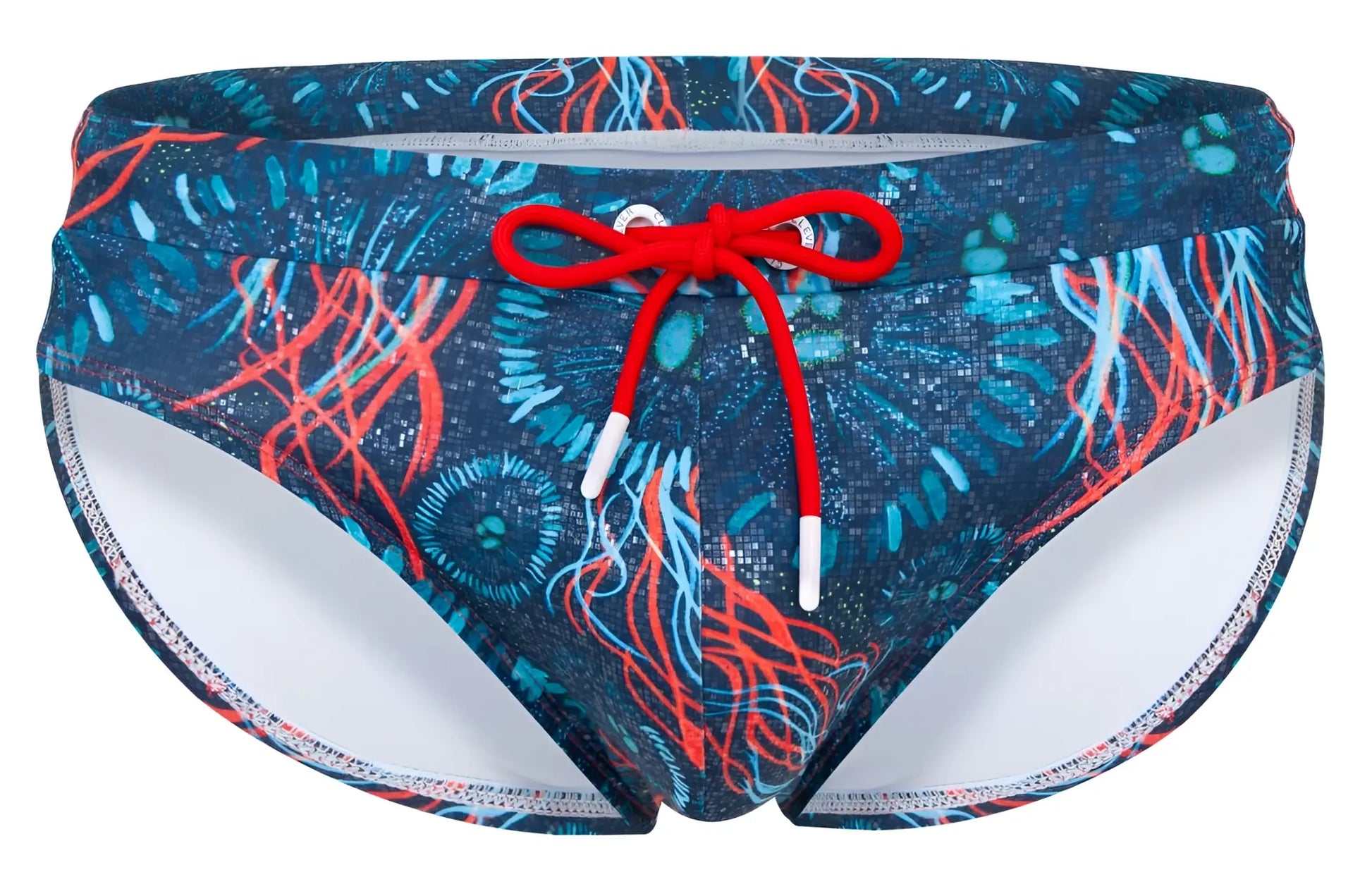 Clever 2066 malpelo swim briefs in dark blue with blue and red jellyfish pattern and bright red drawstring