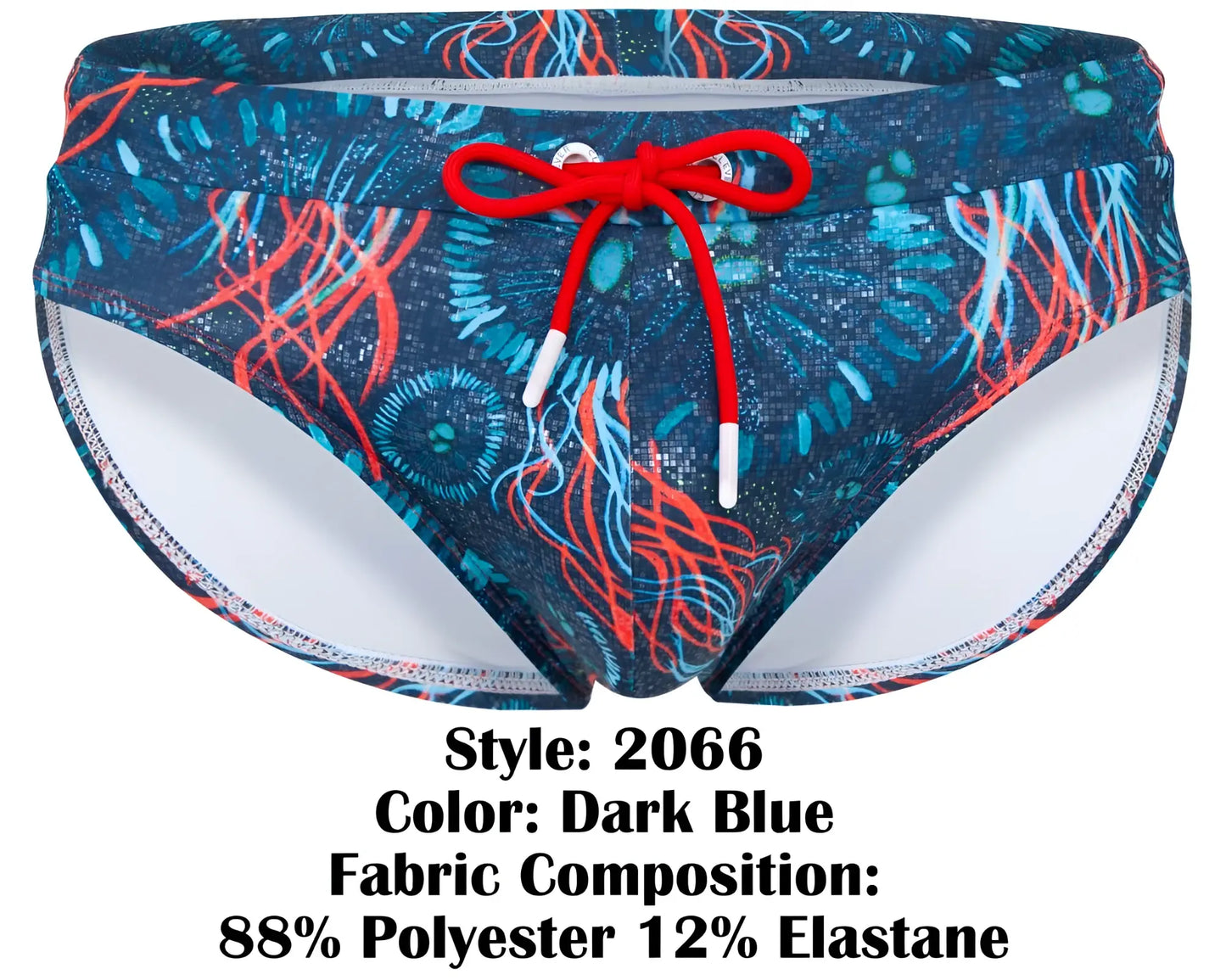 Dark blue clever 2066 malpelo swim briefs with vibrant red and teal jellyfish pattern and bright red drawstring
