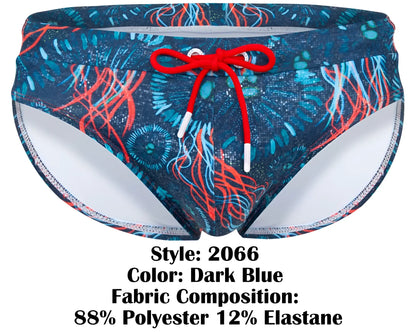 Dark blue clever 2066 malpelo swim briefs with vibrant red and teal jellyfish pattern and bright red drawstring