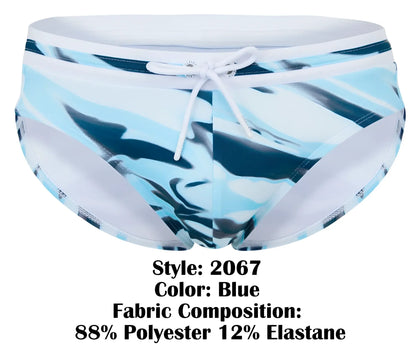 Clever 2067 baru swim briefs in blue with white drawstring waistband and side panels featuring a blue pattern