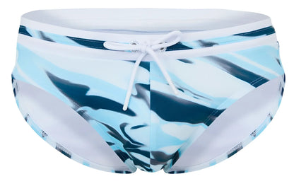 Clever 2067 baru swim briefs in blue feature a blue and white camouflage pattern with a white drawstring waistband