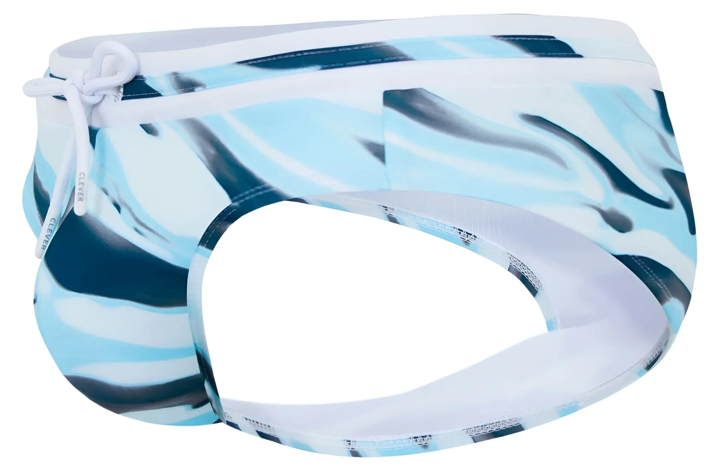 Clever 2067 baru swim briefs in blue featuring a blue and white patterned design with a drawstring waistband