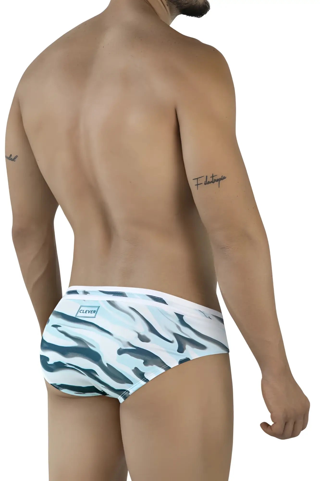 White and teal zebra-striped clever 2067 baru swim briefs with branded waistband in blue color for men