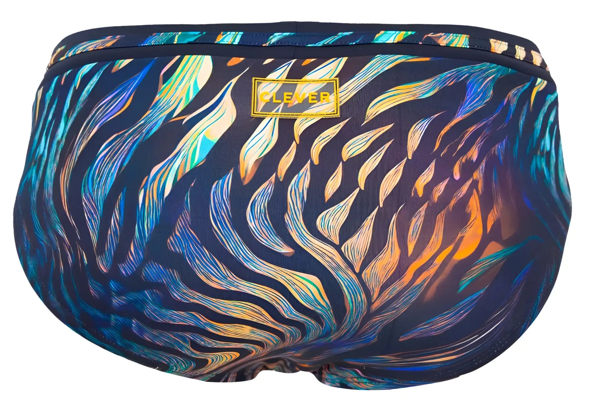Clever 2068 Tumaco swim briefs in black with vibrant abstract wave pattern in blue teal orange and gold on navy base