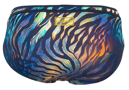 Clever 2068 Tumaco swim briefs in black with vibrant abstract wave pattern in blue teal orange and gold on navy base