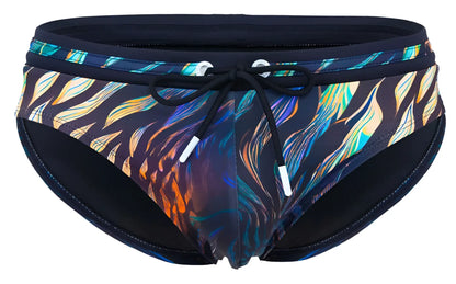 Clever 2068 tumaco swim briefs in black with vibrant blue green orange and purple flame pattern and white drawstrings