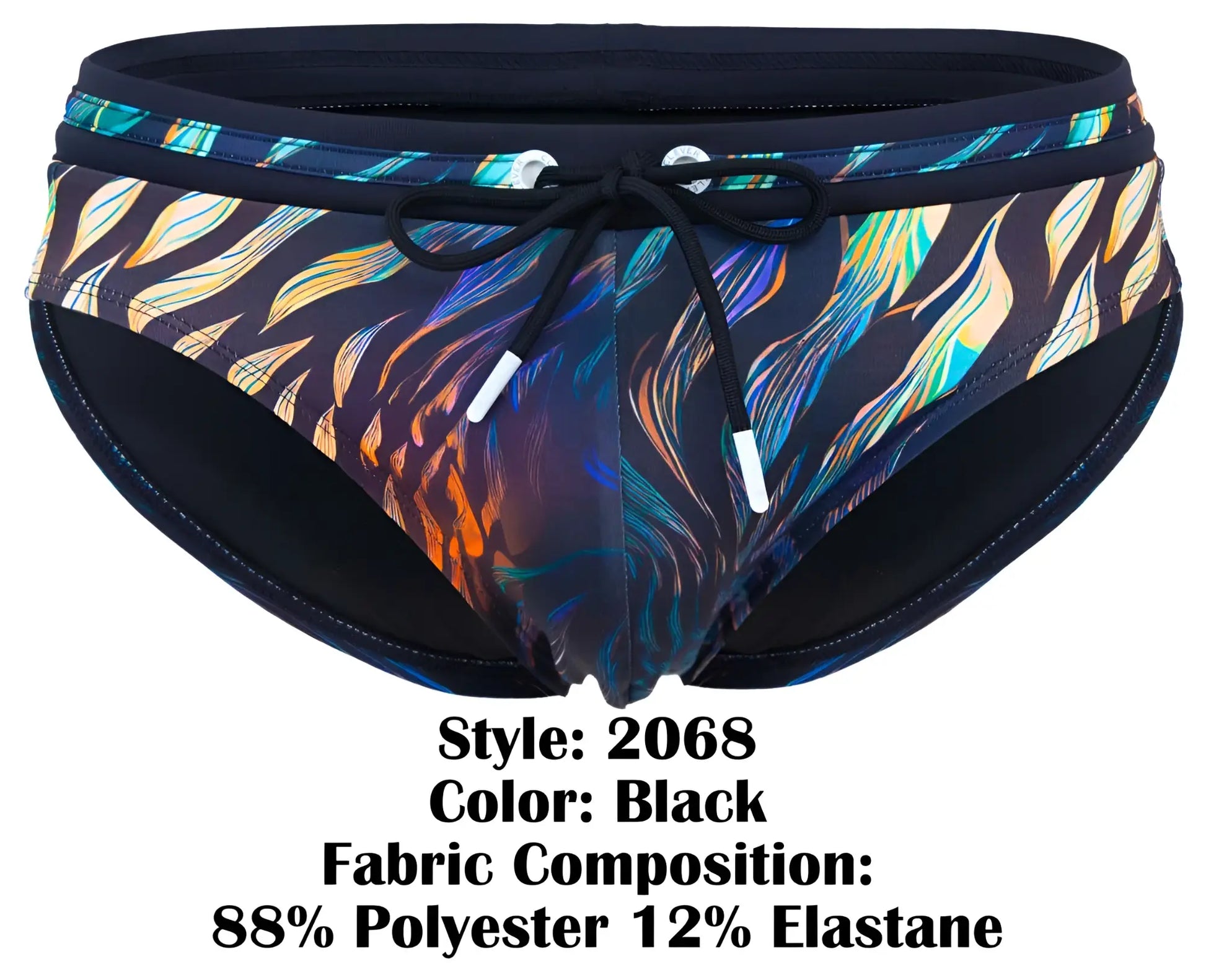 Clever 2068 tumaco swim briefs in black with vibrant iridescent blue green orange and purple feather pattern