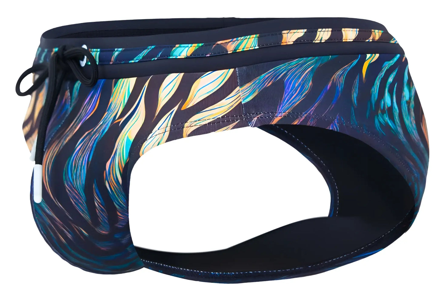 Clever 2068 tumaco swim briefs in black featuring vibrant iridescent feather-patterned navy blue fabric with black drawstring waistband
