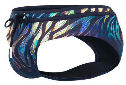 Clever 2068 tumaco swim briefs in black featuring vibrant iridescent feather-patterned navy blue fabric with black drawstring waistband