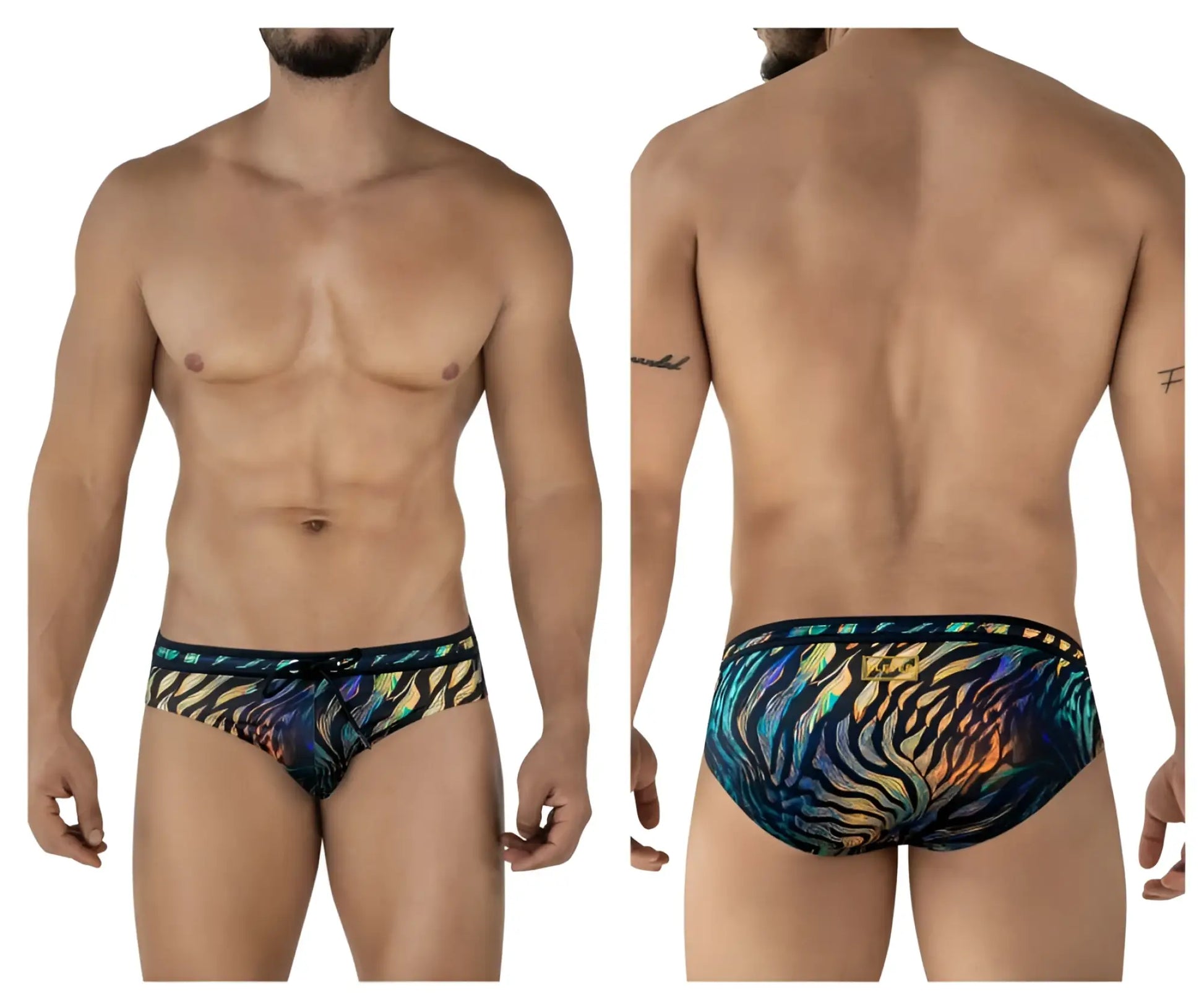 Clever 2068 Tumaco swim briefs in black with vibrant iridescent zebra-striped rainbow gradient and black elastic waistband