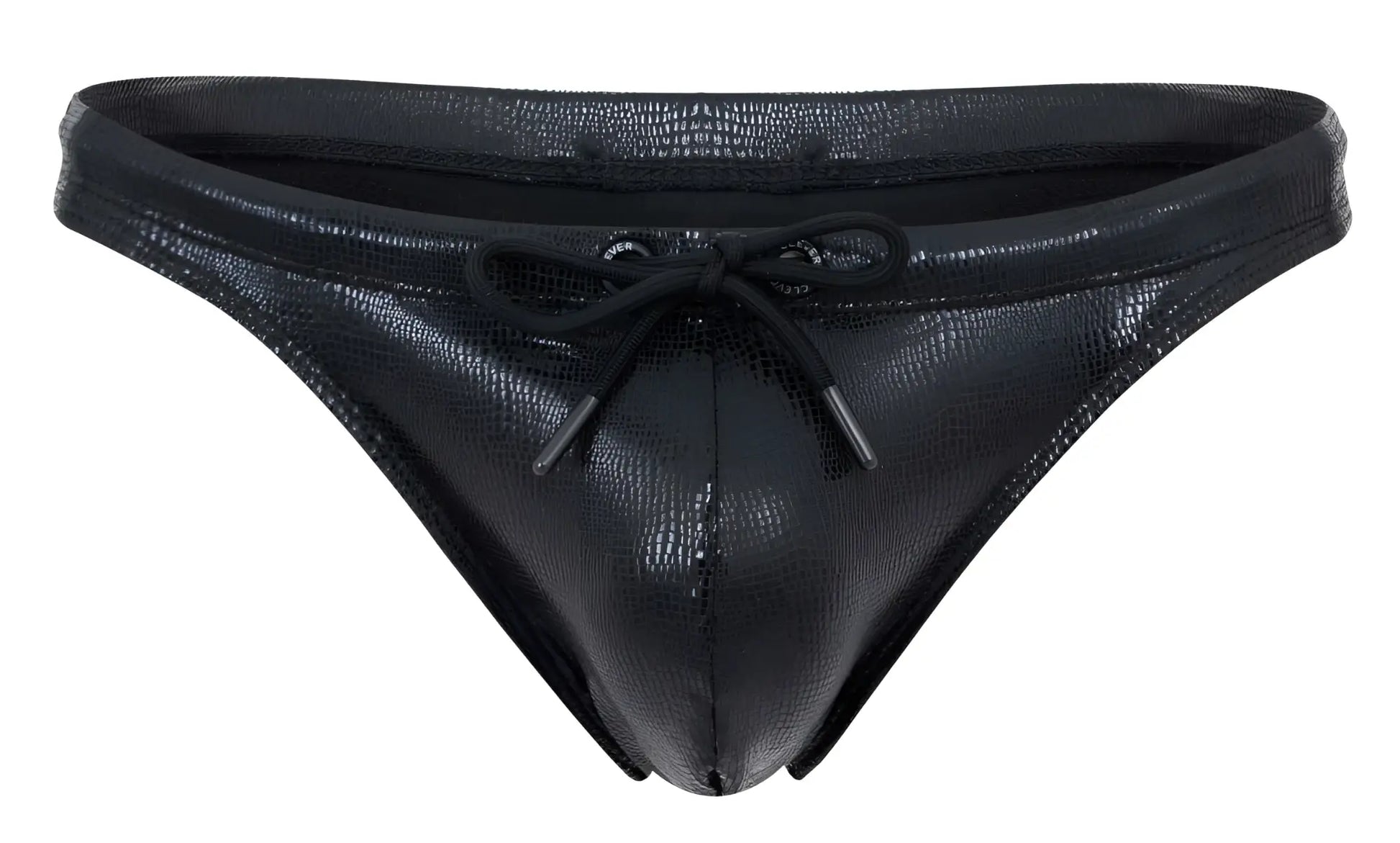 Black faux leather thong swimwear with textured crocodile pattern and matching drawstring tie clever 2071 gorgona