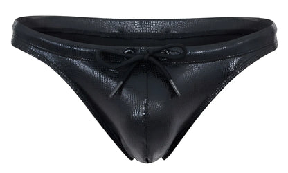 Black faux leather thong swimwear with textured crocodile pattern and matching drawstring tie clever 2071 gorgona