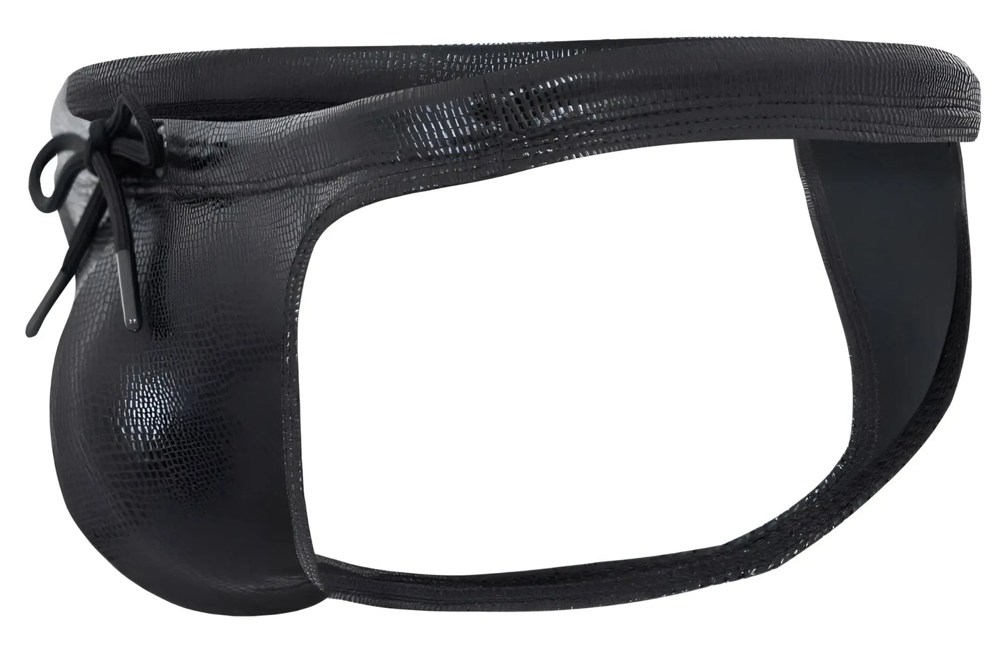 Black faux leather clever 2071 gorgona swim thong with reptile skin texture and tied bow at the front