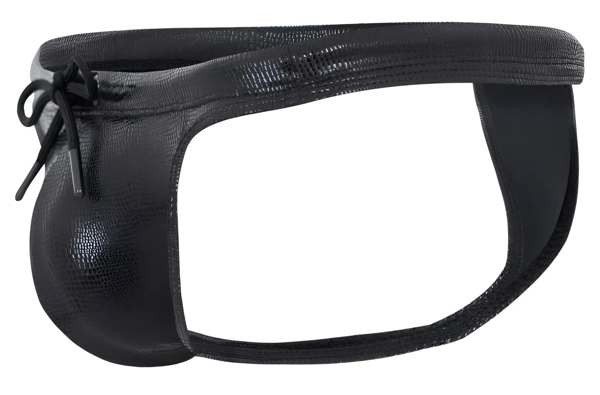 Black faux leather clever 2071 gorgona swim thong with reptile skin texture and tied bow at the front