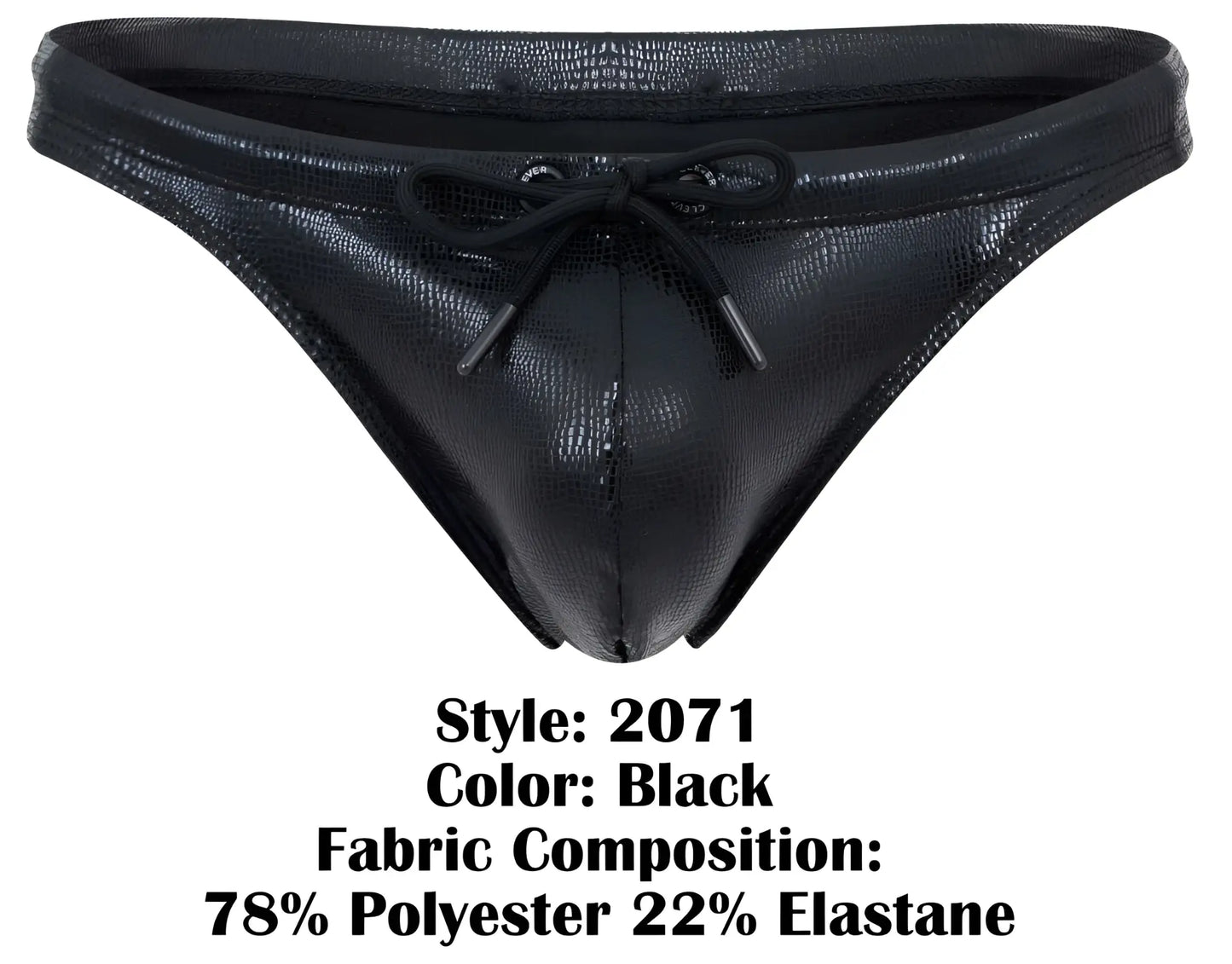 Clever 2071 gorgona swim thongs in black shiny faux leather with textured crocodile pattern and black drawstring bow front