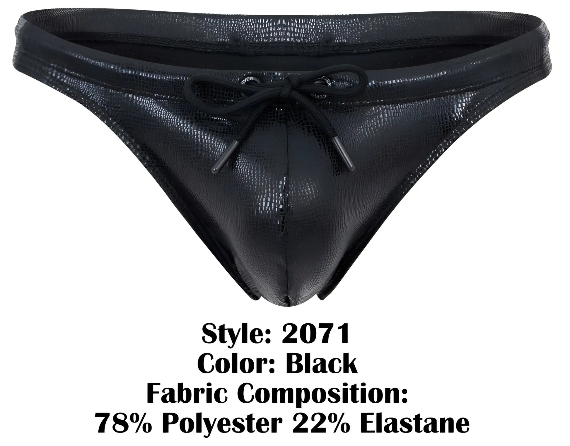 Clever 2071 gorgona swim thongs in black shiny faux leather with textured crocodile pattern and black drawstring bow front