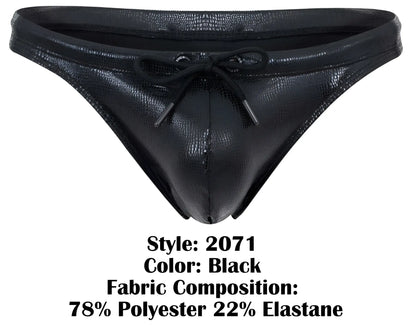 Clever 2071 gorgona swim thongs in black shiny faux leather with textured crocodile pattern and black drawstring bow front