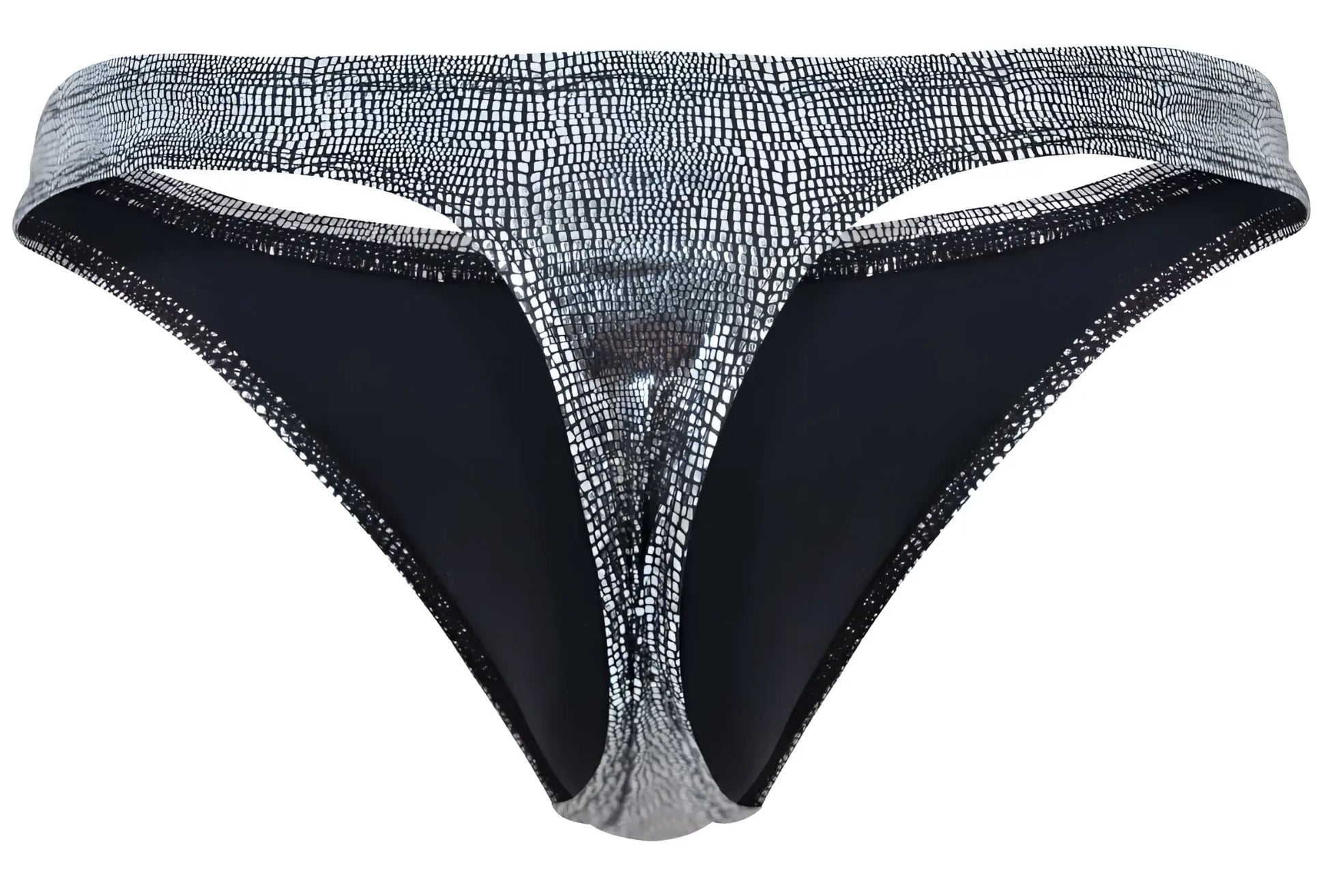 Silver crocodile-patterned Clever 2072 Sparkles thong with black inner lining and glittery trim in black color