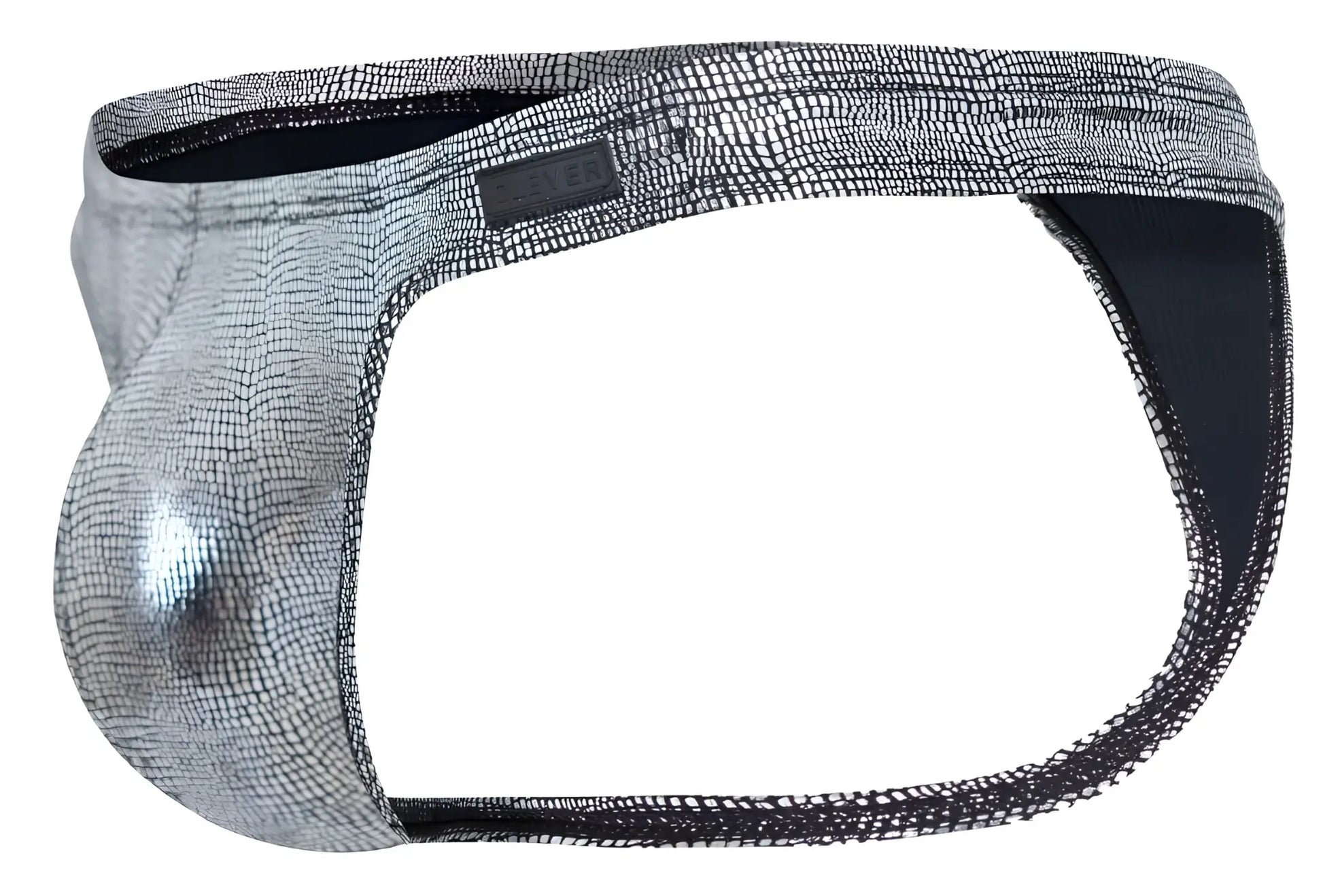 Silver metallic snake-skin patterned clever 2072 sparkles men’s thong with black mesh trim and branded label in black