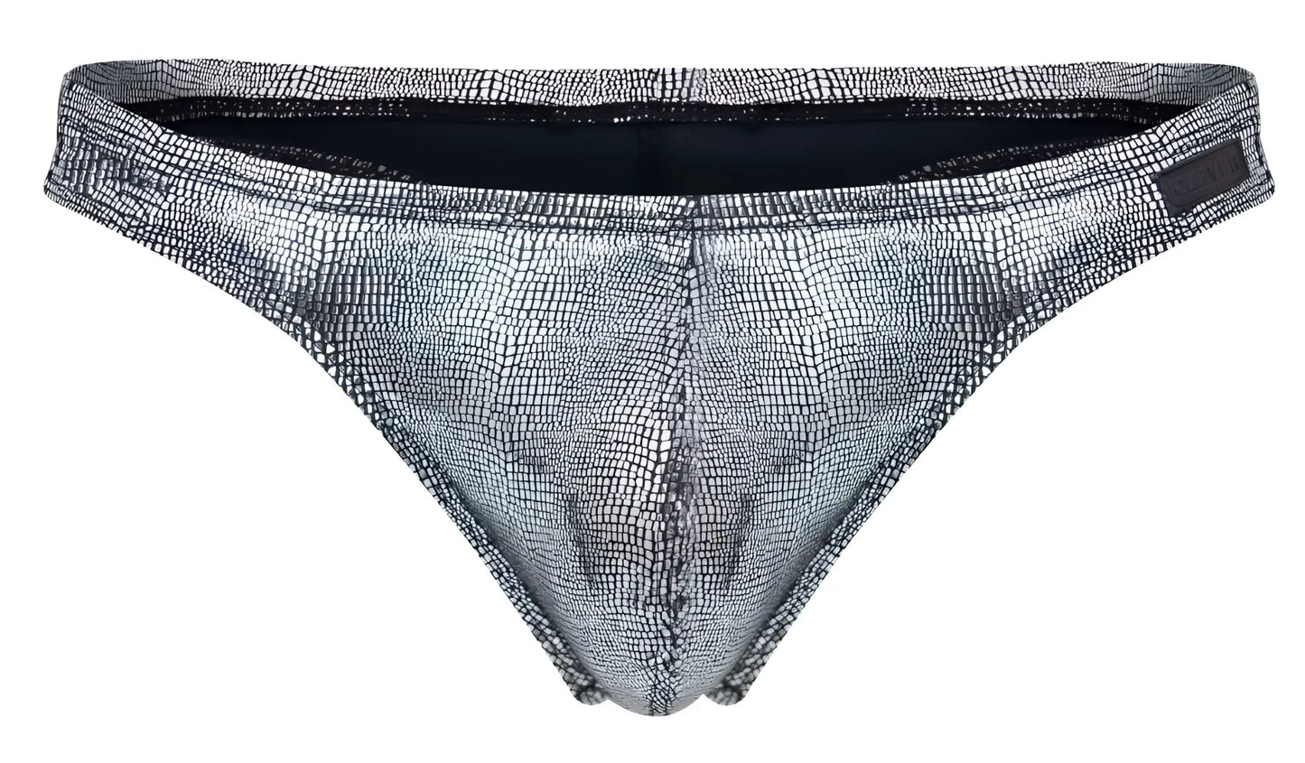 Silver metallic briefs with textured crocodile skin pattern from clever 2072 sparkles thongs in black