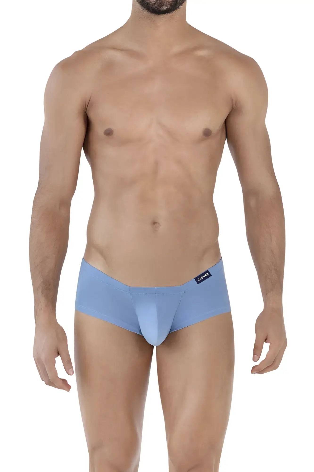 Light blue clever australian latin trunks with sleek fabric form fitting design and black brand tag on waistband