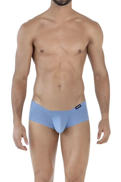 Light blue clever australian latin trunks with sleek fabric form fitting design and black brand tag on waistband