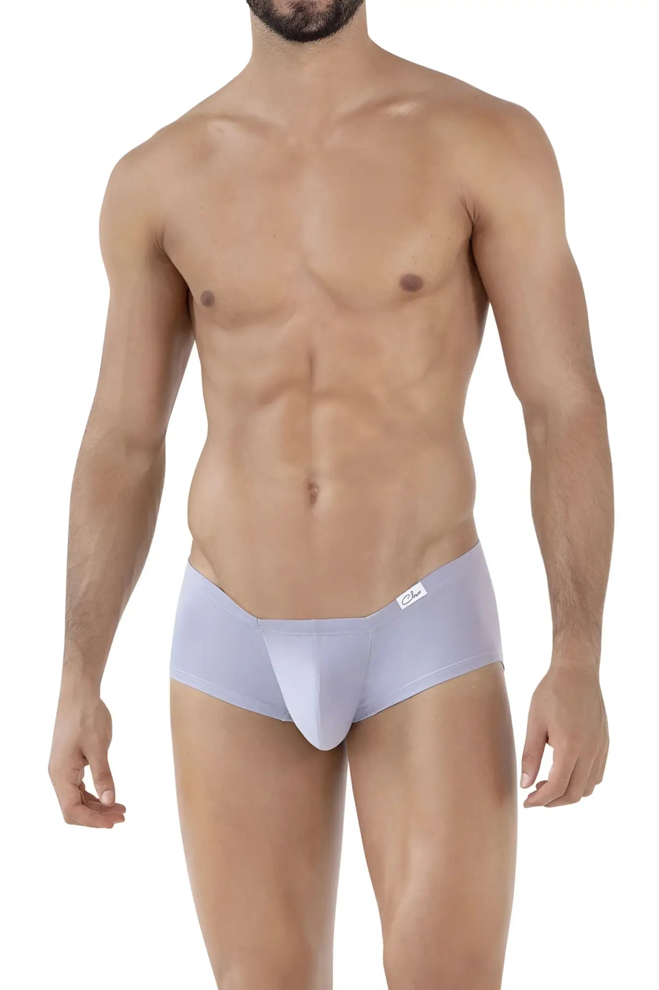Light gray clever 229930 men’s briefs with smooth stretchy fabric and white brand tag on waistband in australian latin trunks 3pk