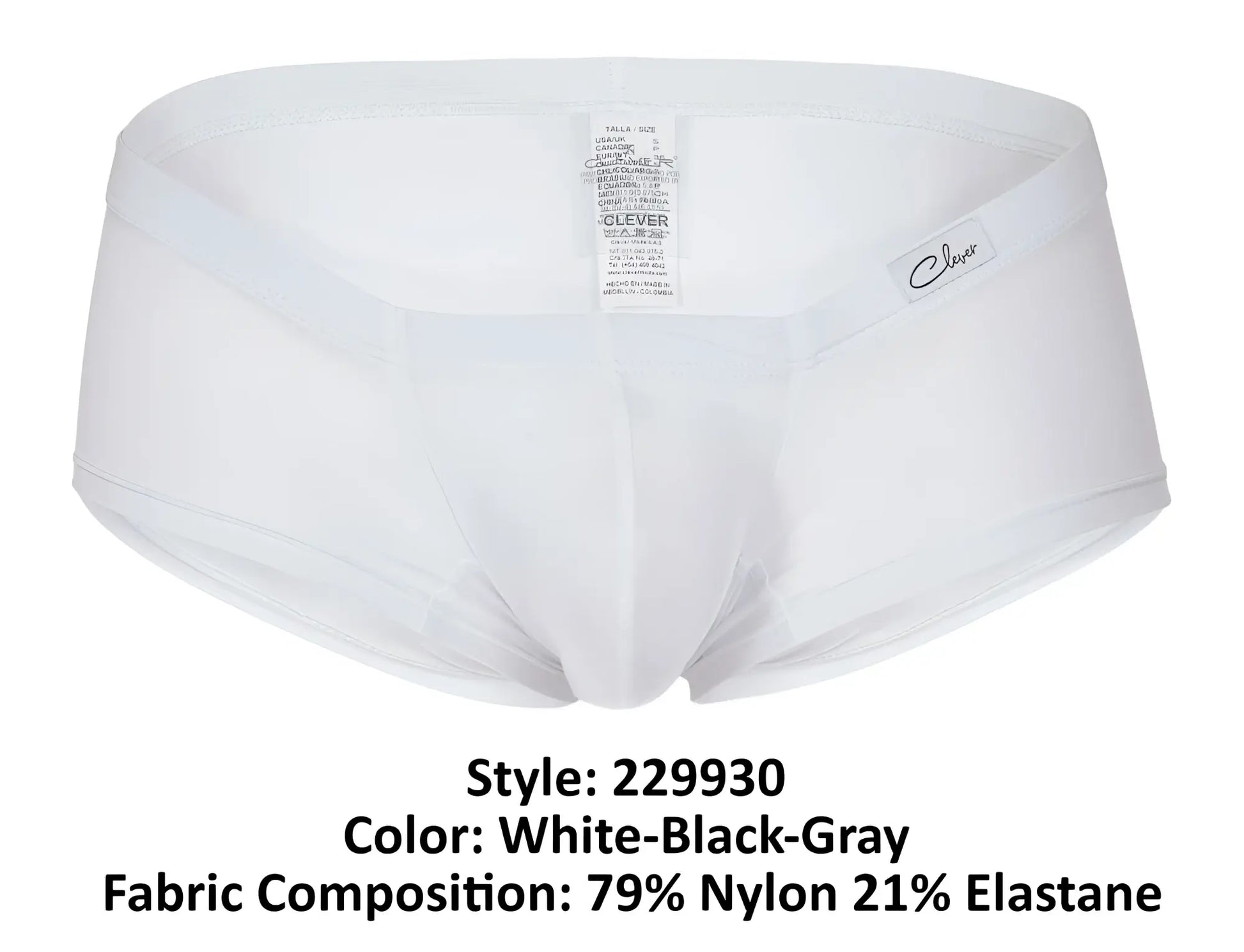 White briefs with subtle black and gray trim made from 79% nylon 21% elastane in clever 229930 3pk australian latin trunks