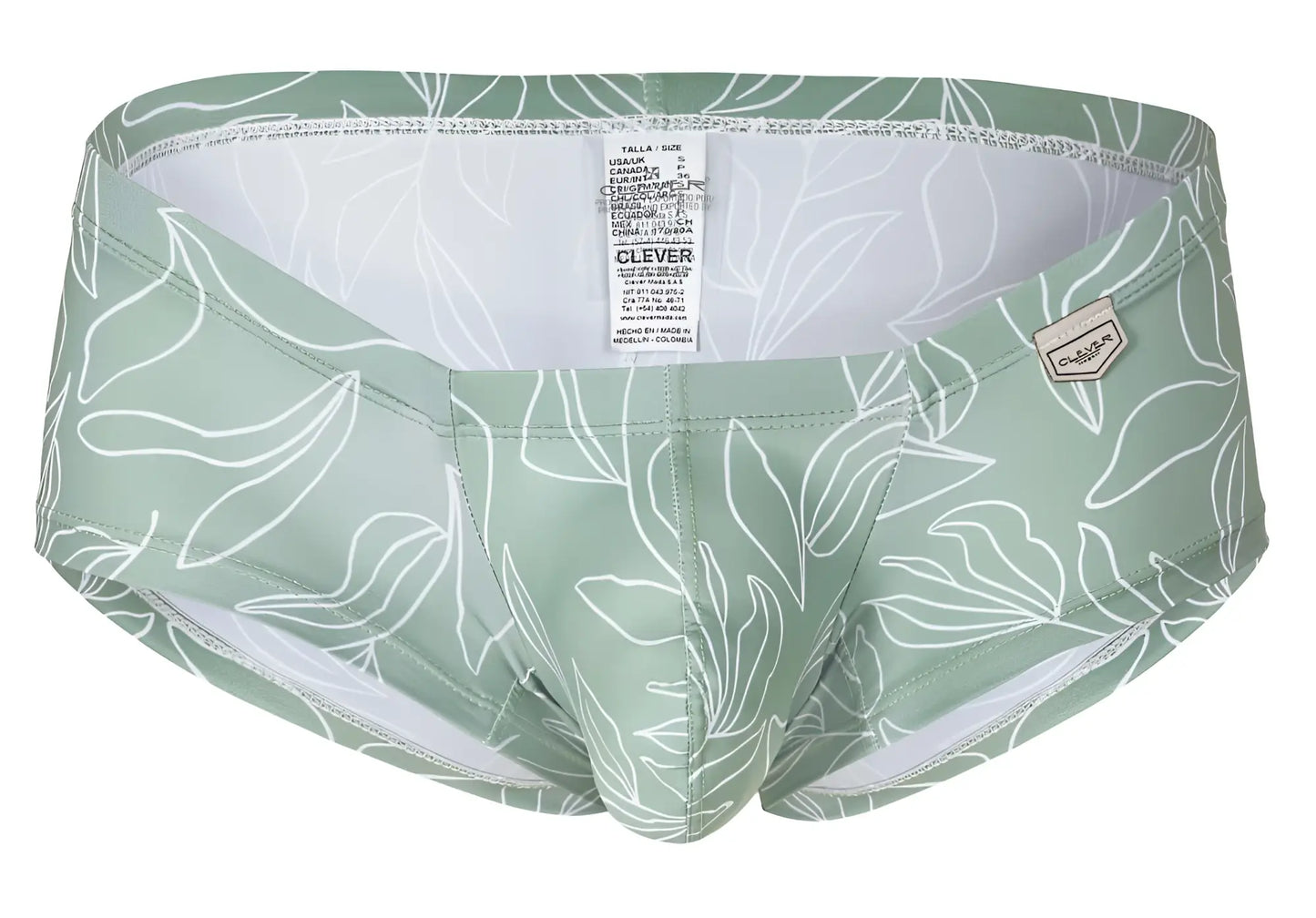 Mint green swim trunks with white leaf pattern and branded tag from clever australian latin trunks 3pk