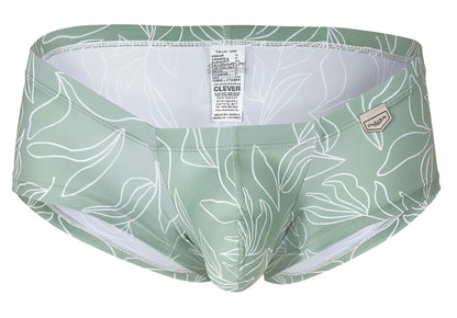 Mint green swim trunks with white leaf pattern and branded tag from clever australian latin trunks 3pk