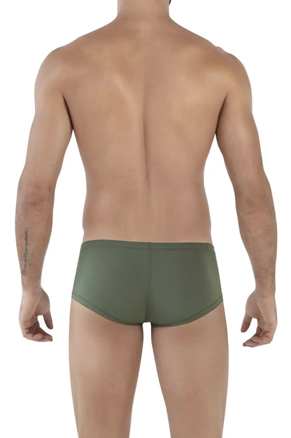 Olive green clever 229934 3pk australian latin trunks back side with smooth form fitting fabric and center back seam