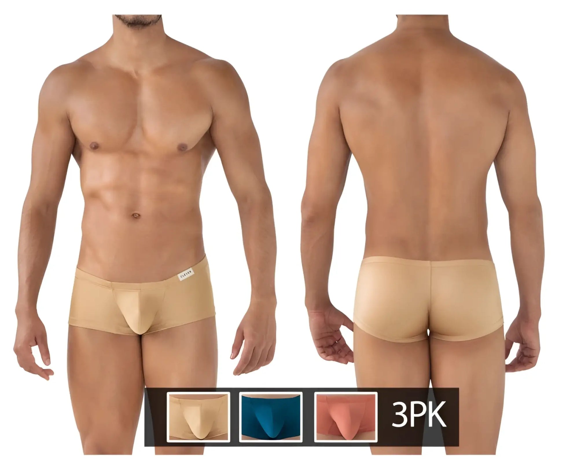 Beige clever 229941 men’s briefs with smooth form-fitting design and subtle brand tag at waistband, part of 3pk trunks set
