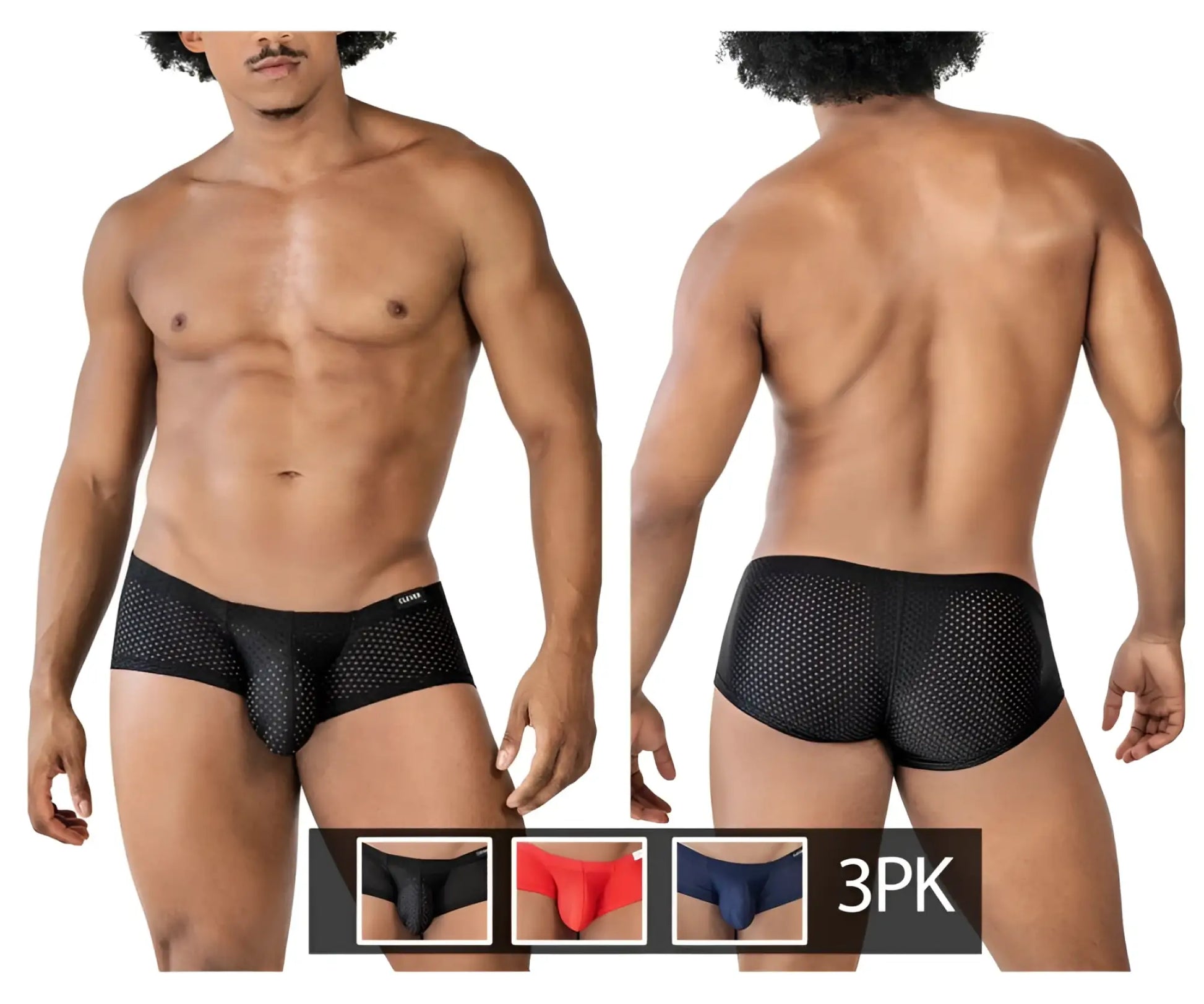 Black clever 229947 trunks with a contoured cut perforated mesh design part of a 3pk in black red and blue