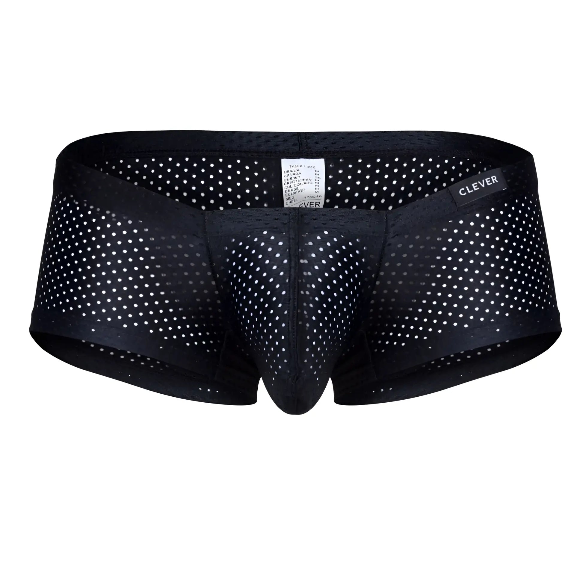 Black mesh briefs with white polka dots featuring clever brand label from clever 229947 3pk australian latin trunks