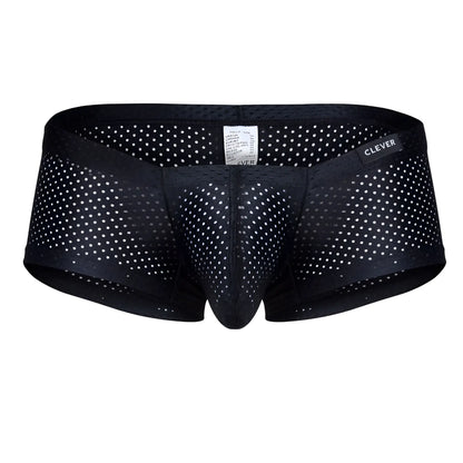 Black mesh briefs with white polka dots featuring clever brand label from clever 229947 3pk australian latin trunks