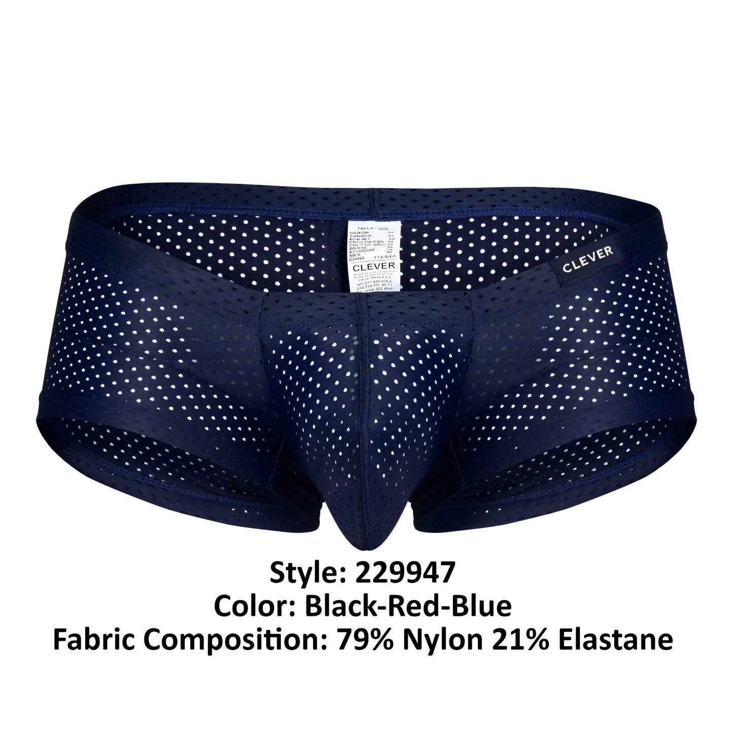 Navy blue mesh briefs with white polka dots and clever brand label from clever 229947 australian latin trunks pack