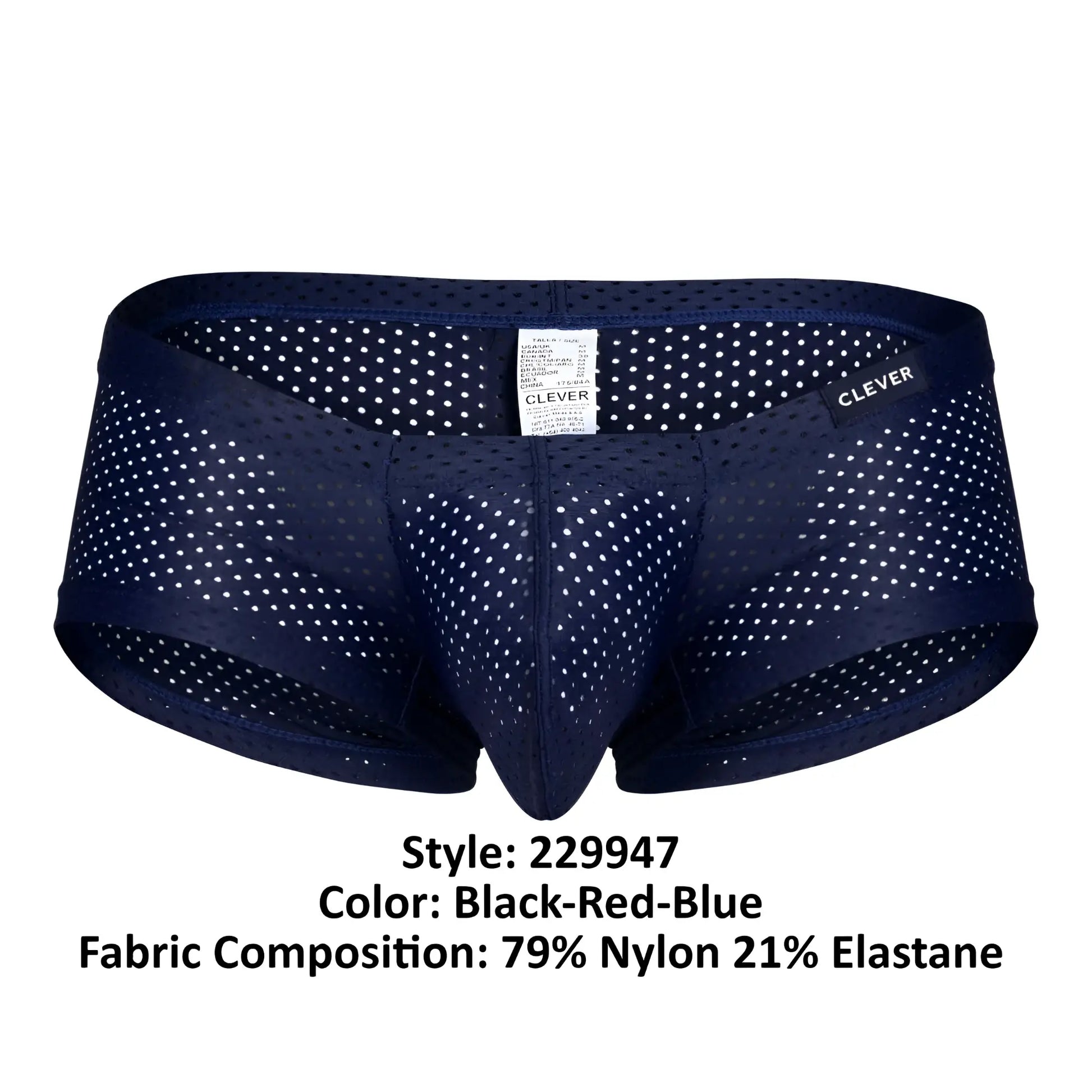 Navy blue mesh briefs with white polka dots and clever brand label from clever 229947 australian latin trunks pack