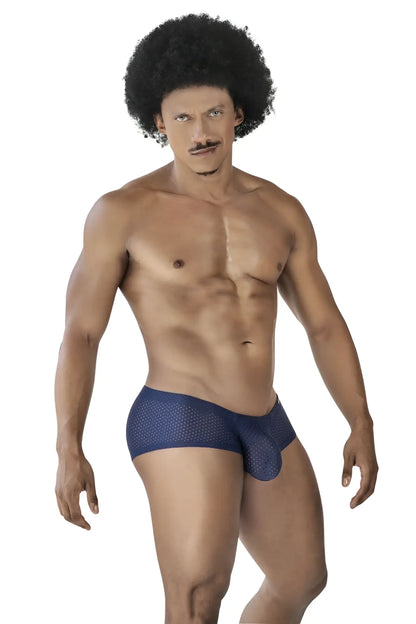 Navy blue perforated mesh men’s briefs from Clever 229947 3PK Australian Latin Trunks in black red and blue colors